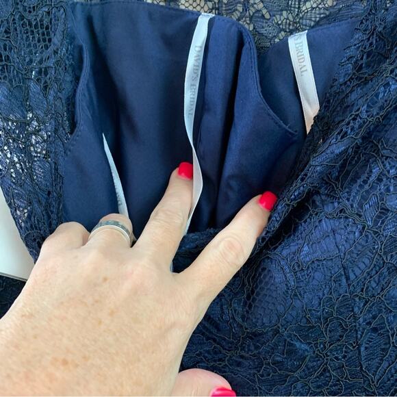 David’s Bridal Lace Elbow Sleeve All Over Contrast Marine Blue Dress - Picture 9 of 10